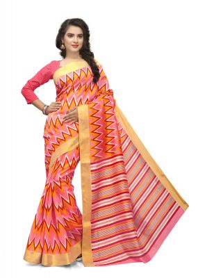 Buy Kotton Mantra Pink Cotton Printed Designer Saree With Blouse Piece (kmsmt7010a) online