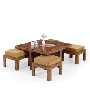 Inhouz Sheesham Wood Square Coffee Table Set (Teak Finish)