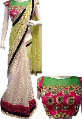 Buy Palash Fashion's Royal Looking Green And Off White Color Embroidered Fancy Designer Saree online