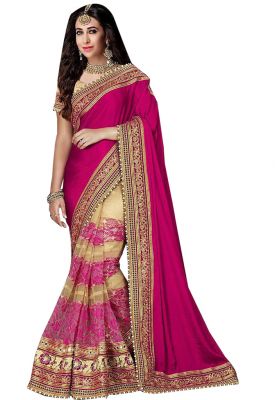 Buy Palash Fashion's Royal Looking Pink And Beige Color Chinnon Silk ,georgette And Nylon Net Fancy Designer Saree online