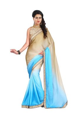 Buy Palash Fashion's Beige And Sky Blue Color Embroidered Fancy Designer Saree online