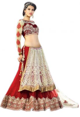 Buy Palash Fashion's Royal Looking Red And Cream Color Georgette And Net Designer Wedding Lehengas (product Code - Pls-ts-9508) online