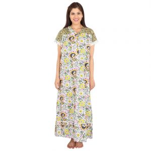 Buy Silkys' Floral Print Short Sleeves Yellow Cotton Nighty For Women online