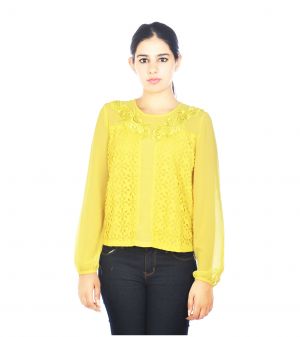 Buy VIRO Georgette fabric Embroidered Round Neck Full Sleeves Yellow color Top for womens online