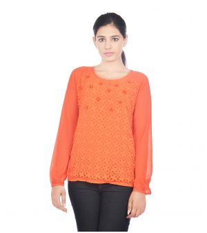 Buy VIRO Orange color Round Neck Full Sleeves Georgette Top for Womens online