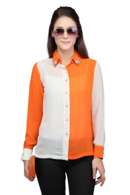Buy VIRO Orange color Classic Collar Full Sleeves Georgette Shirt for Womens online