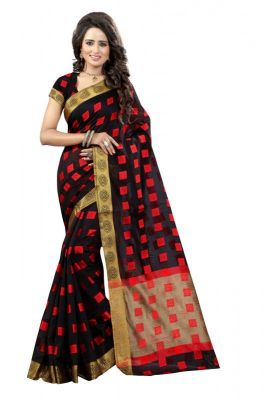 Buy Womens Ethnic Wear Poly Cotton Black Colour Saree With Blouse Piece (product Code - Round Square Black) online