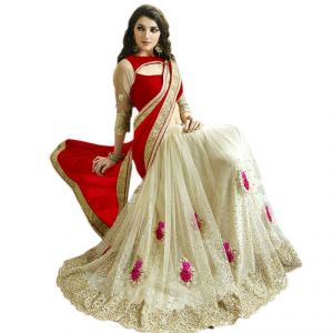 Buy Fab Dadu Designer Red And White Georgette And Net Saree (fv3088 Red) online