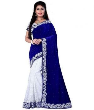 Buy Ramapir Fashion Blue White Velvet Net Saree Blue White Velvet Saree online