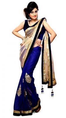 Buy Bikaw Women'S Beautiful Cream And Blue Saree With Unstitched Blouse online