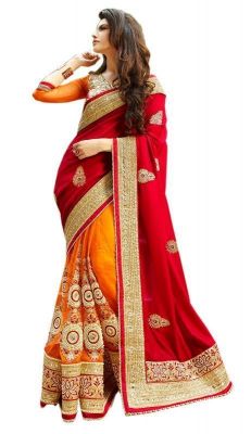 Buy Fad Dadu Designer Red And Orange Silk And Net Saree online