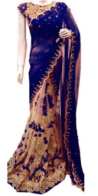Buy Shree Mira Impex Navy Blue Embroidered Georgette Saree Sari With Blouse Piece (mira-47) online