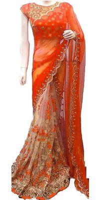 Buy Shree Mira Impex Orange Embroidered Georgette Saree Sari With Blouse Piece (mira-48) online