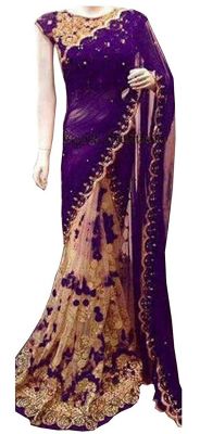 Buy Shree Mira Impex Purple Embroidered Georgette Saree Sari With Blouse Piece (mira-50) online