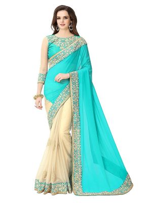 Buy Shree Mira Impex Sky Blue Embroidered Georgette Saree Sari With Blouse Piece (mira-62) online