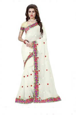Buy Shree Mira Impex White Embroidered Georgette Saree Sari With Blouse Piece (mira-63) online