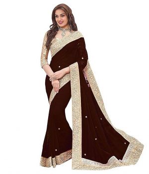 Buy Shree Mira Impex Brown Embroidered Georgette Saree Sari With Blouse Piece (mira-80) online