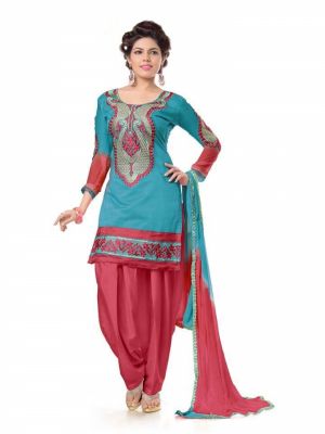 Buy Shree Mira Impex Sky Blue Embroidered Cotton Salwar Suits Dress Material (smix-110) online