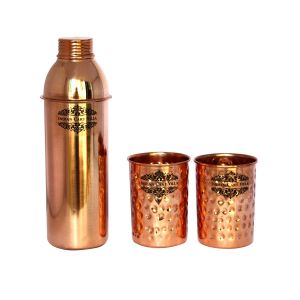 Buy Indiancartvilla Pure Copper Hammered 2 Glass 350 Ml Each With 1 Bisleri Bottle 800 Ml online