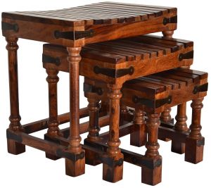 Buy Woodworld Home Decor Nesting Tables Sheesham Wood Set Of 3 Brown Stools online
