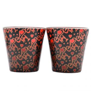 Buy Set Of 2 Heart Print Wax Candle In Glass Holder - Red/black online