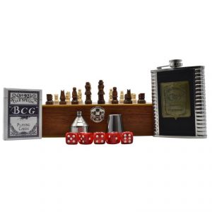 Buy Jack Daniels Stainless Steel Hip Flask Set - 1 Hip Flask (8oz), 1 Short Glass, 5 Dice, 1 Playing Cards Set & 1 Funnel In Wooden Chess Box online