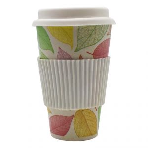 Buy Eco Friendly Bamboo Fiber Cup With Silicone Lid & Sleeve, White/leavs Printed - 400ml (14oz) online