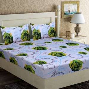 Buy Pure Cotton Double Bedsheet & 2 Pillow Covers from Panipat - Green Flower Pattern online