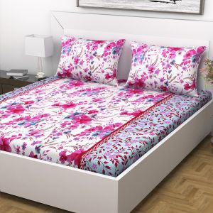 Buy Indiana Home 100% Cotton 144 Tc Double Bed Sheet With 2 Pillow Covers |pink |floral online