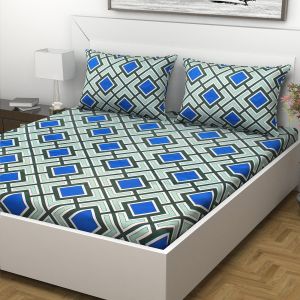 Buy Indiana Home 100% Cotton 144 Tc Double Bed Sheet With 2 Pillow Covers | Blue |geometric online