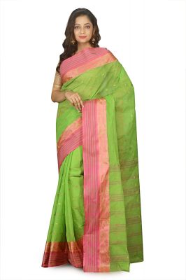Buy Parrot Green Cotton Hand Woven Tant Saree Without Blouse online
