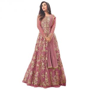 Buy Krishna Tex Deigner Light Pink Embroidered Semi Stitched Long Anarkali Suit online