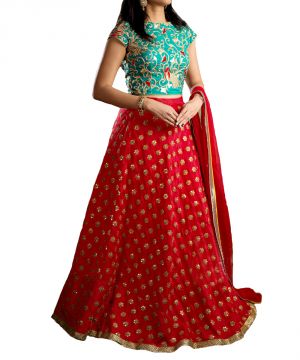 Buy Designer Red And Rama Green Banarasi Silk Embroidered Sequence Work Lehenga Choli online