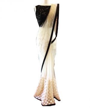 Buy Designer White Net With Sequence Embroidery Work Saree online