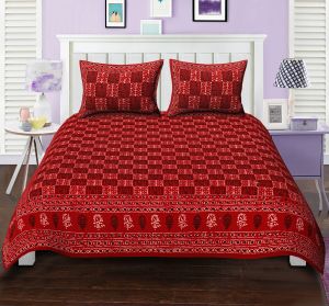 Buy TEXSTYLERS DOUBLE BED SHEET BAGRU PRINT PATCHWORK RED BLOCK STYLE DESIGN WITH 2 PILLOW COVERS online