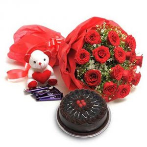 Buy Bigwishbox Premium Fresh 15 Red Rose Bouquet With 500gm Chocolate Cake, 4 Chocolates, 1 Teddy Bear online