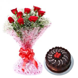 Buy Bigwishbox Premium Fresh 8 Red Rose Bouquet With 500gm Choco Cake online