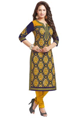 Salwar Studio Womens Dark Blue & Gold Cotton Paisley, Floral Printed Unstitched Kurti