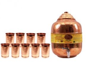 Buy Pure Copper Water Pot Tank Matka 11.5 Ltr. & 9 Glass Tumbler Cup 300 Ml online