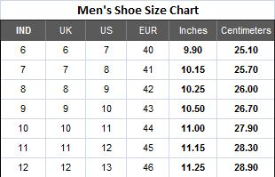 Reebok Size Chart Mens