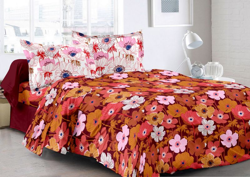 Buy Welhouse Maroon & Floral Design Super Soft Cotton Double Bedsheet with 2 CONTRAST Pillow Cover online