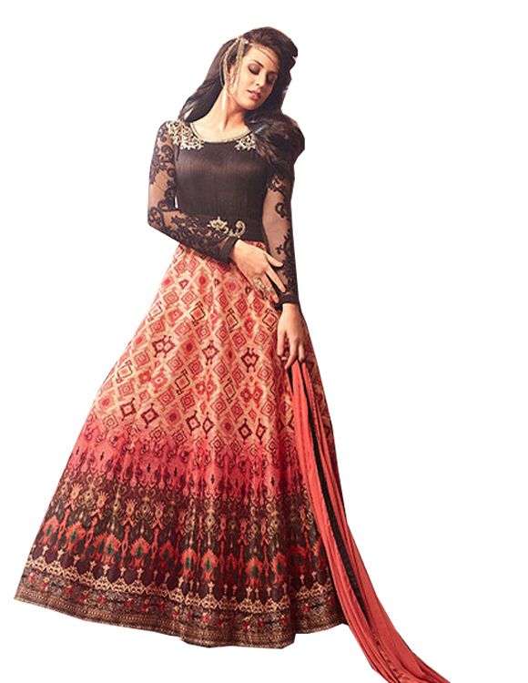 Buy Stylish Fashion Fantastic Peach And Brown Neck Embroidered Designer Semi Stitched Long Anarkali Suit-sfmaskeenl-3407 online