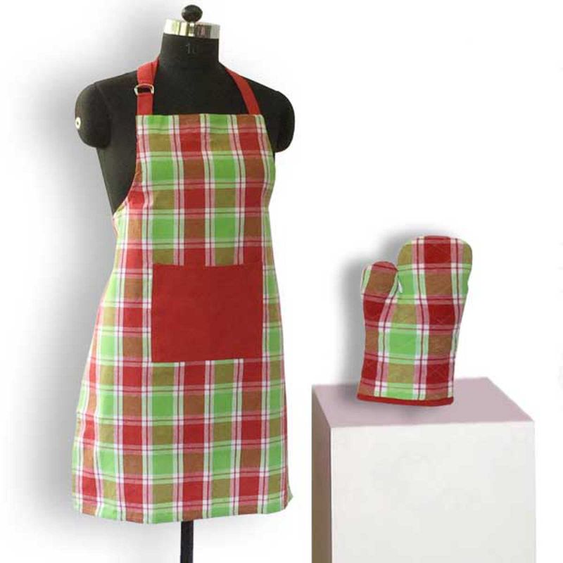 Buy Lushomes Yarn Dyed Red And Green Checks 1 Apron And 1 Oven Mitten online