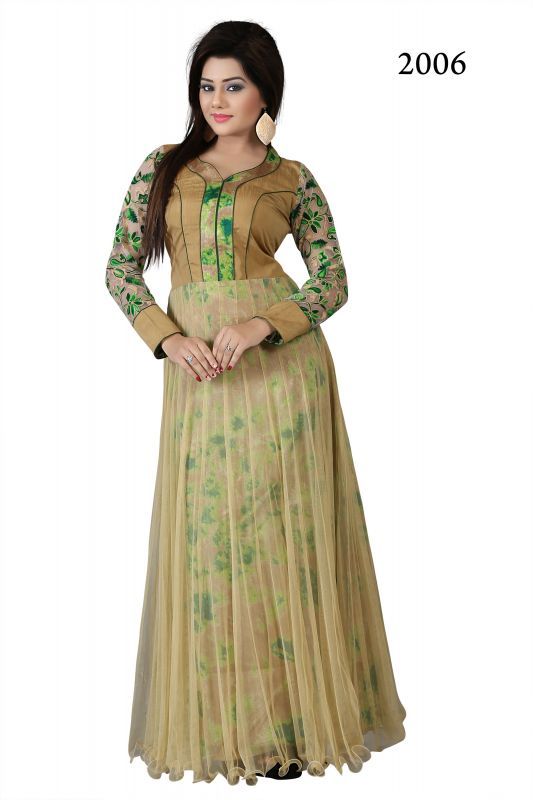 Buy Whatshop New Chain Stitch Banglori Silk Cream & Green Anarkali Gown/ws1096-2006 online