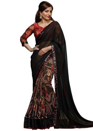 Buy Black Georgette Embroidered Saree With Blouse Piece online