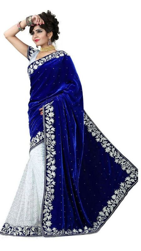 Buy Blue And White Velvet Saree With Blouse online