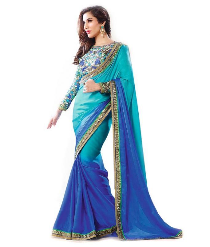 Buy Shopeezo Daily Wear Turquoise & Blue Color Chiffon Saree/sari online
