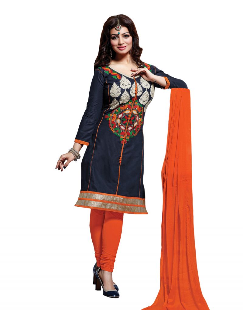Buy Multi Retail Blue Embroidered Cotton Semi Stitched Dress Material With Dupatta online
