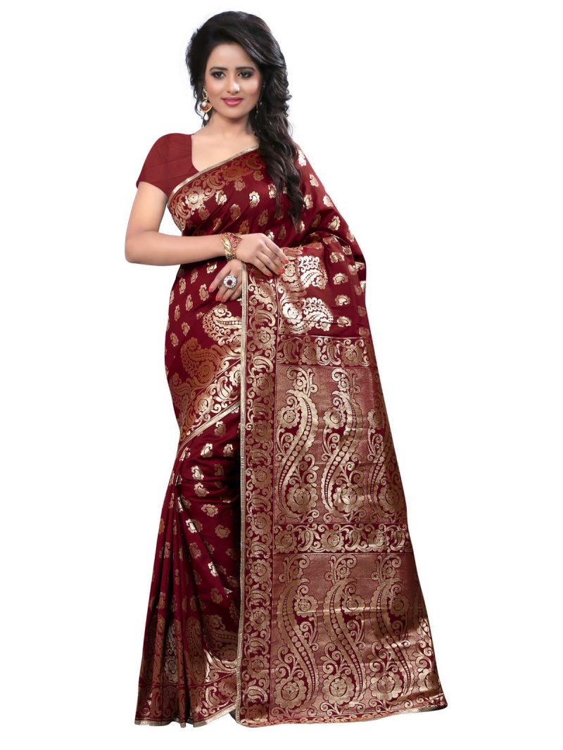 Buy Multi Retail Maroon Banarsi Silk Party Wear Jacquard/ Self Design Saree With Unstitched Blouse _c652se526sa online