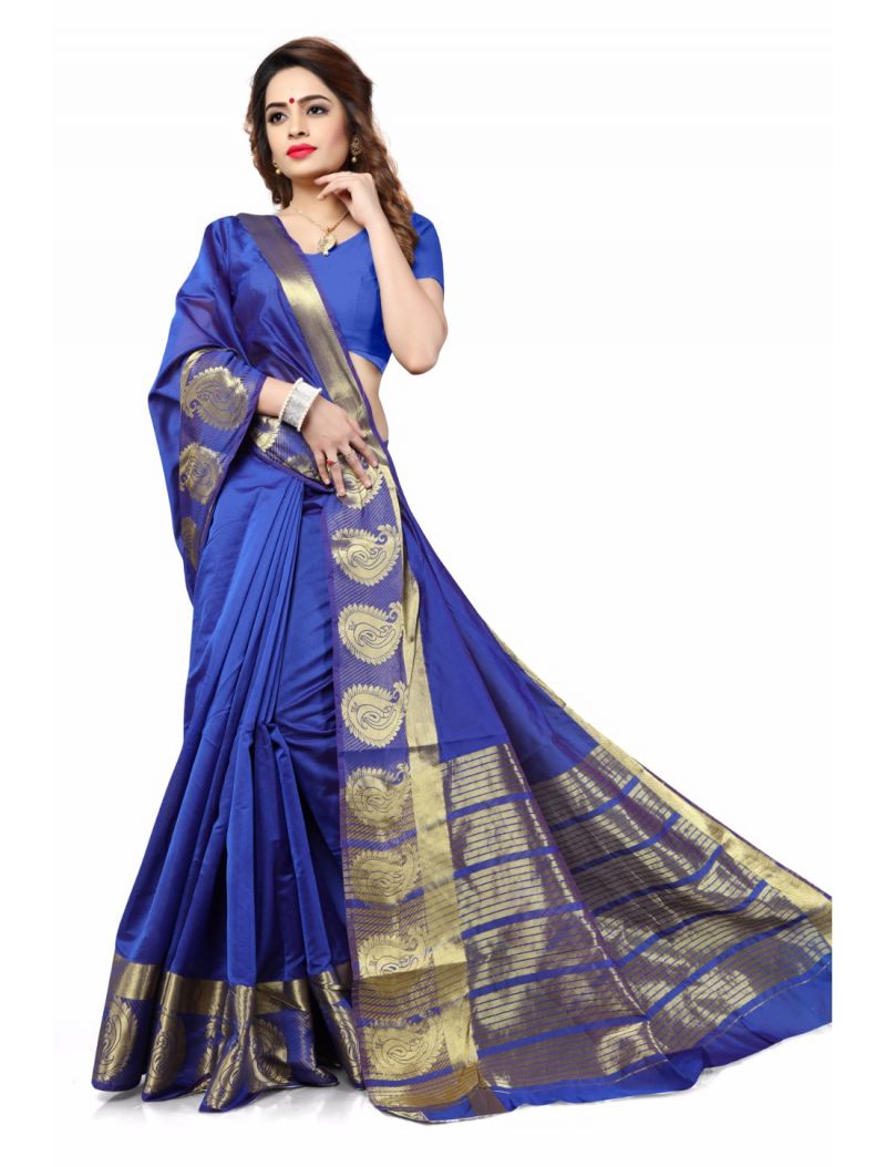 Buy Multi Retail Blue Cotton Silk Party Wear Jacquard/ Self Design Saree With Unstitched Blouse online